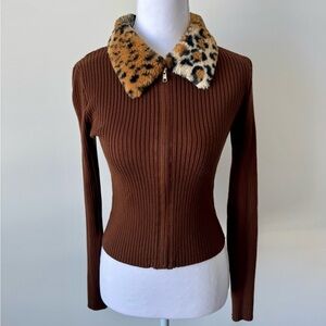 Brown Ribbed Cardigan with Leopard Collar | 90s Y2K Fall Favorite 🤎